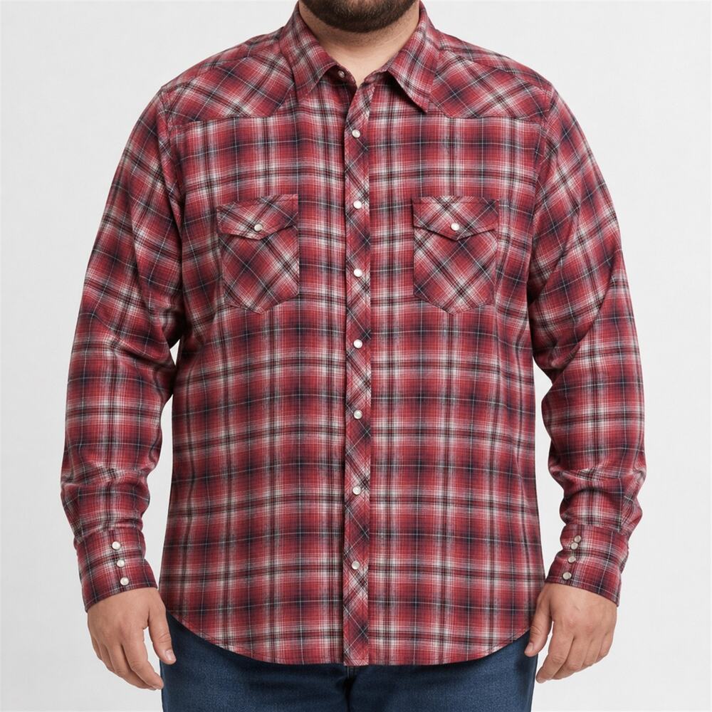 Wrangler Wrancher Shirt Mens 2XT Red Pearl Snap Flannel Cotton Plaid Long Sleeve